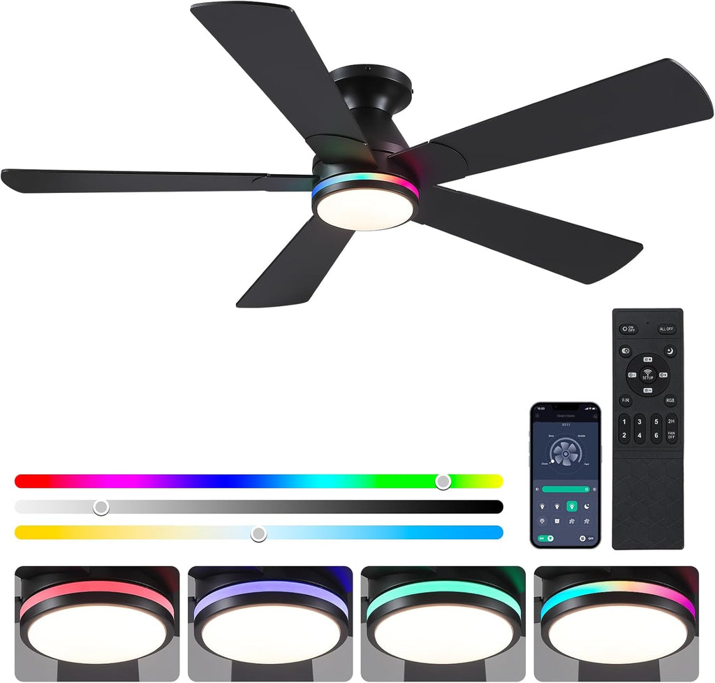 52In Black RGB Ceiling Fans with Lights - Flush Mount Low Profile Ceiling Fan Light with Remote/APP, RGB+3CCT 6 Wind Speeds and Reversible, Modern Fan Light Fixture for Party, Kid's Room
