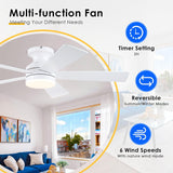 White Ceiling Fans with Lights - 46" Flush Mount Low Profile Ceiling Fan Light with 5 Double-Sided Blades, 6 Speeds 3CCT Reversible Motor, Modern Ceiling Fan for Indoor/Outdoor Patios