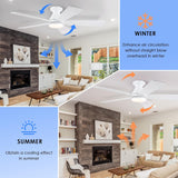 52in Ceiling Fans with Lights - White Flush Mount Ceiling Fan Light with Remote, 6 Wind Speeds and Reversible, Modern Low Profile Fan Light for Indoor/Covered Outdoor