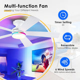 46" Flush Mount RGB Ceiling Fans with Lights - White Low Profile Ceiling Fan Light with Remote/APP, RGB+3CCT 6 Wind Speeds and Reversible, Modern Fan Light Fixture for Party, Kiad's Room