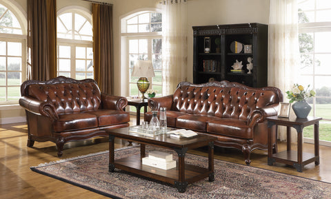 Set of 2 - Victoria Rolled Arm Sofa + Tufted Back Loveseat Tri-Tone And Warm Brown - D300-10002