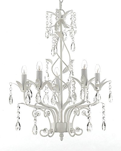 Wrought Iron and Crystal 5 Light White Chandelier Pendant Lighting H20.5" X W14.5" Can be Hardwired or Plugged in ! - J10-SCL1529CW