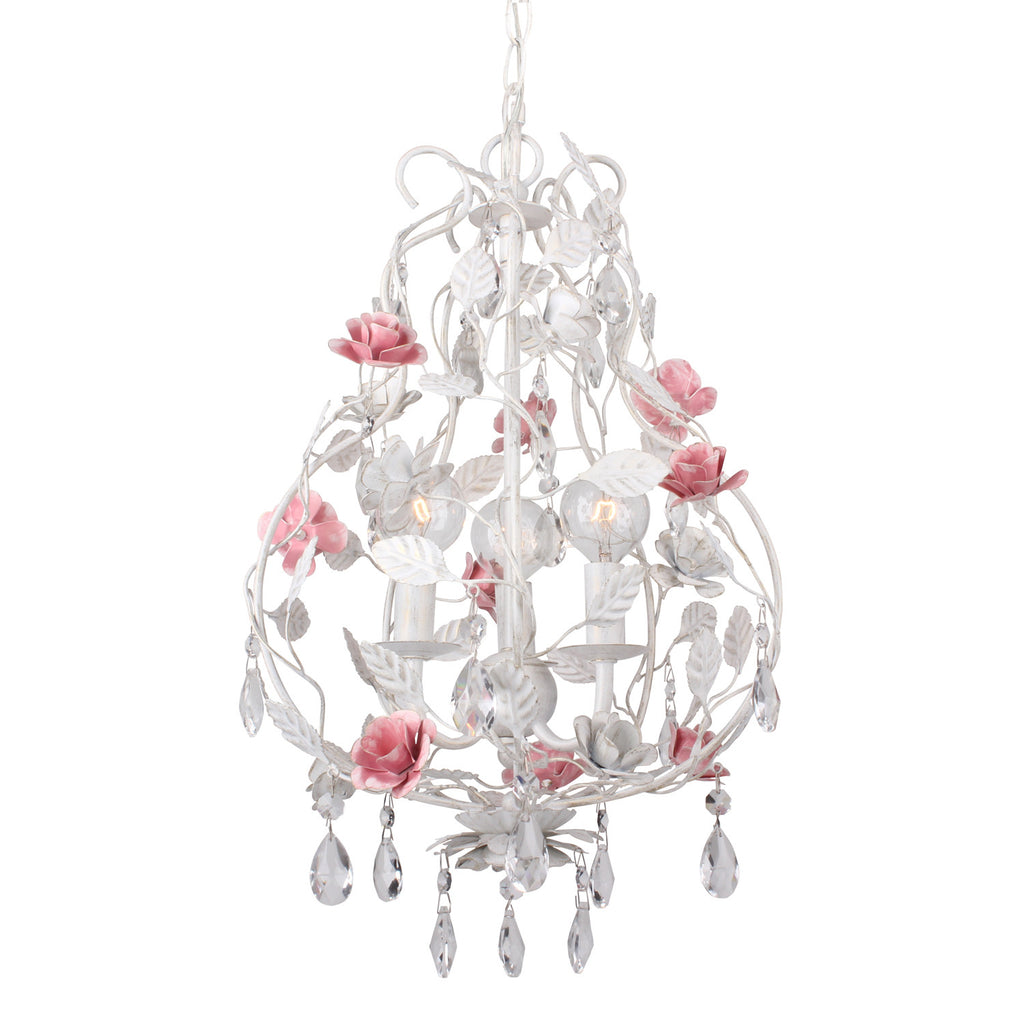 3 Light Wet White Floral Mini Chandelier Draped In Clear Hand Cut Crystal - C193-4853-WW