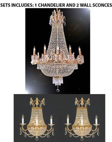 Set Of 3- French Empire Crystal Chandelier Lighting 25X32 12 Lights And 2 Crystal Trimmed Wall Sconce Empire Crystal Wall Sconce Lighting W18" H23" D10" - A500-1Ea 1280/8+4 + 2Ea CG/1/8/Wallsconce