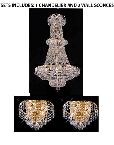 Set Of 3- French Empire Crystal Chandelier Chandeliers Lighting H50" W30" - Perfect For An Entryway Or Foyer And 2 Belenus Collection 24K Gold Plated Finish Wall Sconces W12" H8" E9" - 1Ea 928/21 + 2Ea Eca1W12G