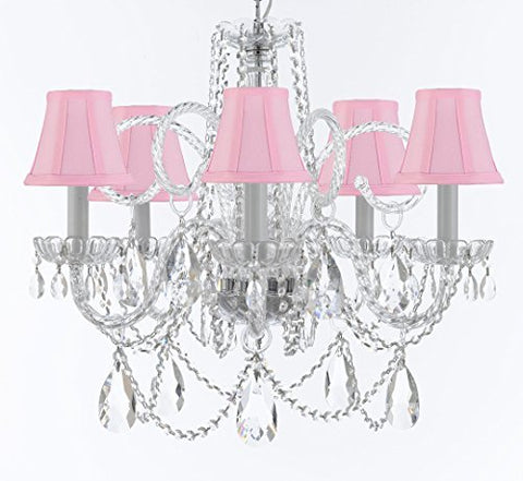Swarovski Crystal Trimmed Murano Venetian Style Chandelier Crystal Lights Fixture Pendant Ceiling Lamp for Dining Room, Bedroom, Entryway - W/Large, Luxe Crystals! H25" X W24" w/ Pink Shades - A46-PINKSHADES/B93/B89/385/5SW