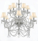 MURANO VENETIAN STYLE ALL-CRYSTAL CHANDELIER WITH WHITE SHADES W/CHROME SLEEVES! - A46-B43/WHITESHADES/SILVER/4/385/6+6