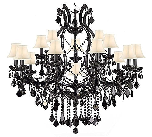 Jet Black Chandelier Crystal Lighting Empress Crystal (Tm) Chandeliers H38" X W37" With White Shades - A83-Whiteshades/BLACK/21510/15+1