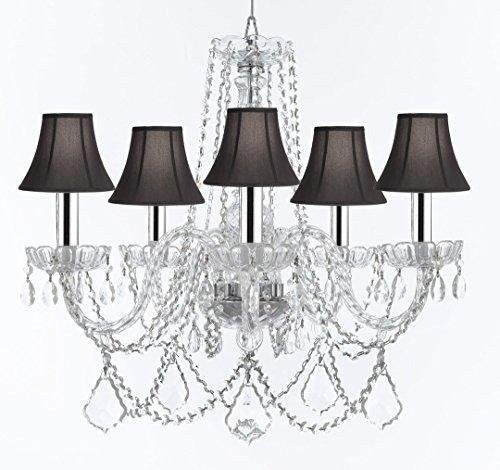 Murano Venetian Style Chandelier Crystal Lights Fixture Pendant Ceiling Lamp for Dining Room, Living Room with Large, Luxe, Diamond Cut Crystals w/Chrome Sleeves! H25" X W24" w/Black Shades - A46-B43/BLACKSHADES/B94/B89/384/5DC
