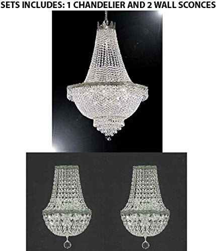 Set Of 3 - 1 French Empire Crystal Chandelier Lighting - Great For The Dining Room Foyer Living Room H50" X W30" And 2 Empire Crystal Wall Sconce Lighting W9.5" H18" D5" - 1Eacs/870/14Large+2Eacs/4/5/Wallsconce