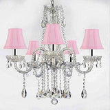 Authentic All Crystal Chandeliers Lighting Empress Crystal (TM) Chandeliers with Pink Shades W/Chrome Sleeves H27" X W24" - G46-B43/PINKSHADES/B14/384/5