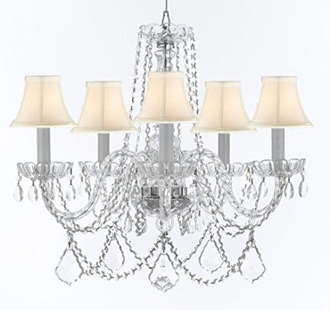 Murano Venetian Style Chandelier Crystal Lights Fixture Pendant Ceiling Lamp for Dining Room, Bedroom, Entryway , Living Room with Large, Luxe, Diamond Cut Crystals! H25" X W24" w/ White Shades - A46-WHITESHADES/B94/B89/384/5DC