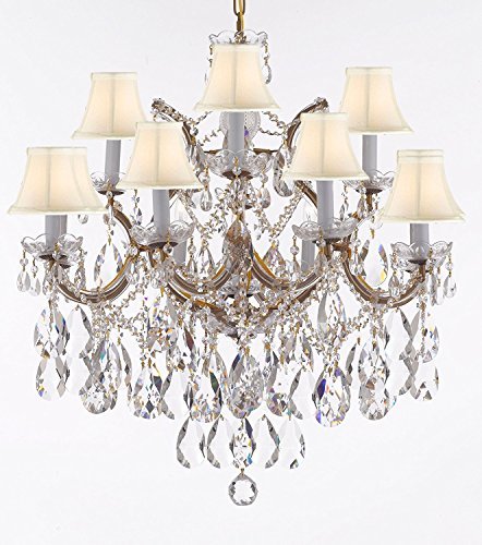 Maria Theresa Chandelier Lights Fixture Pendant Ceiling Lamp Dressed With Large Luxe Diamond Cut Crystals H30" X W28" - Good For Dining Room Foyer Entryway Living Room And More W/White Shades - F83-B90/Whiteshades/Cg/21532/12+1Dc