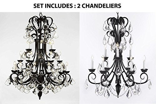 Set Of 2 - 1-Wrought Iron Chandelier 50" Inches Tall With Crystal And Crystal Chandelier 30" Inches Tall With Crystal Trimmed With Spectra (Tm) Crystal - Reliable Crystal Quality By Swarovski - 1Ea-B12/724/24Sw+1Ea-B12/724/6+3Sw