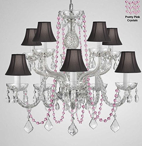Authentic All Crystal Chandelier Chandeliers Lighting With Pretty Pink Crystals And Black Shades Perfect For Living Room Dining Room Kitchen Kid'S Bedroom H25" W24" - G46-B84/Cs/Blackshades/1122/5+5