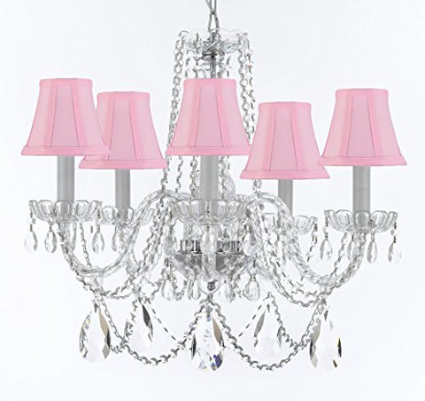 Murano Venetian Style Chandelier Crystal Lights Fixture Pendant Ceiling Lamp for Dining Room, Bedroom, Entryway , Living Room with Large, Luxe, Diamond Cut Crystals! H25" X W24" w/ Pink Shades - A46-PINKSHADES/B93/B89/384/5DC