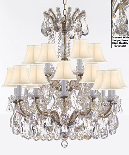 Maria Theresa Chandelier Crystal Lighting Fixture Pendant Ceiling Lamp With Large Luxe Diamond Cut Crystals H30" X W28" -Good For Dining Room Living Room And More W/ Whiteshades - A83-Cg/Whiteshades/B90/152/18Dc