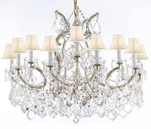 Swarovski Crystal Trimmed Maria Theresa Chandelier Crystal Lighting Chandeliers Lights Fixture Pendant Ceiling Lamp For Dining Room Entryway Living Room With Large Luxe Crystals H28" X W37" - A83-Cg/B89/Whiteshades/21510/15+1Sw