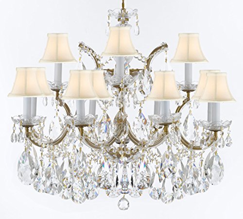 Swarovski Crystal Trimmed Maria Theresa Chandelier Crystal Lighting Fixture Pendant Ceiling Lamp for Dining room, Entryway , Living room With Large, Luxe Crystals! H22" X W28" w/ White Shades - A83-CG/WHITESHADES/B89/21532/12+1SW