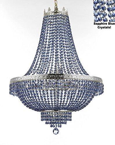French Empire Crystal Chandelier Lighting - Dressed With Sapphire Blue Color Crystals Great For A Dining Room Entryway Foyer Living Room H30" X W24" - F93-B82/Cs/870/9