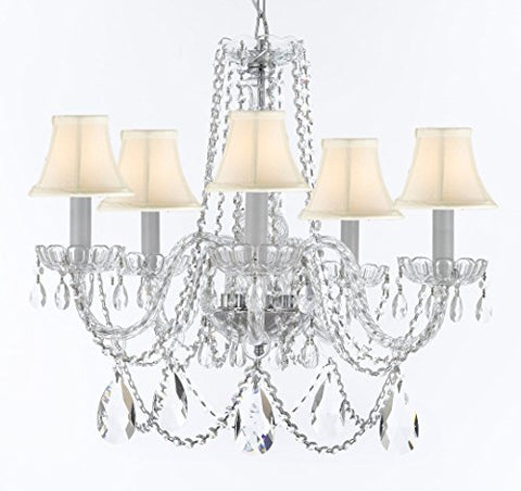 Murano Venetian Style Chandelier Crystal Lights Fixture Pendant Ceiling Lamp for Dining Room, Bedroom, Entryway , Living Room with Large, Luxe, Diamond Cut Crystals! H25" X W24" w/ White Shades - A46-WHITESHADES/B93/B89/384/5DC