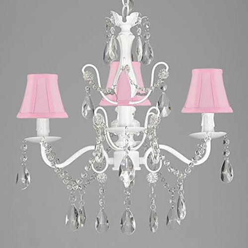 Wrought Iron and Crystal 4 Light White Chandelier H 14" X W 15" Pendant Fixture Lighting Hardwire and Plug In with Shades - J10-SC/SCL-01490CW/PINK