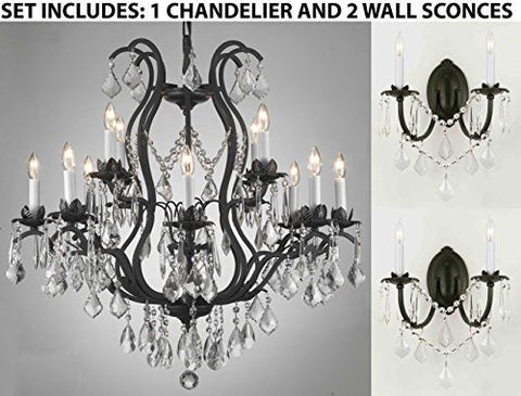 Three Piece Lighting Set - Wrought Iron Crystal Lighting Chandeliers H30" X W28" And 2 Wall Sconces - 1Ea 3034/8+4 + 2Ea 2/3034/Wallsconce