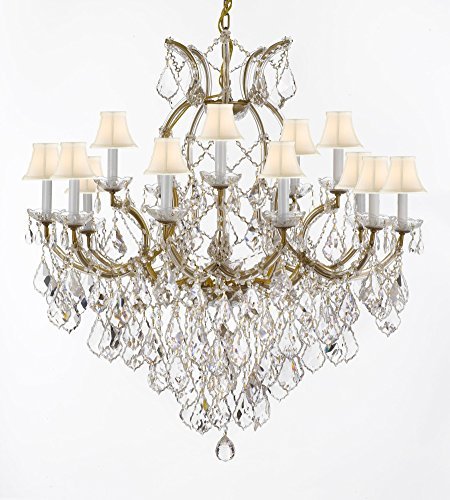 Maria Theresa Chandelier Crystal Lighting Fixture Pendant Ceiling Lamp For Dining Room Entryway Living Room Dressed With Large Luxe Diamond Cut Crystals H38" X W37" With Whiteshades - A83-B90/Whiteshades/21510/15+1Dc