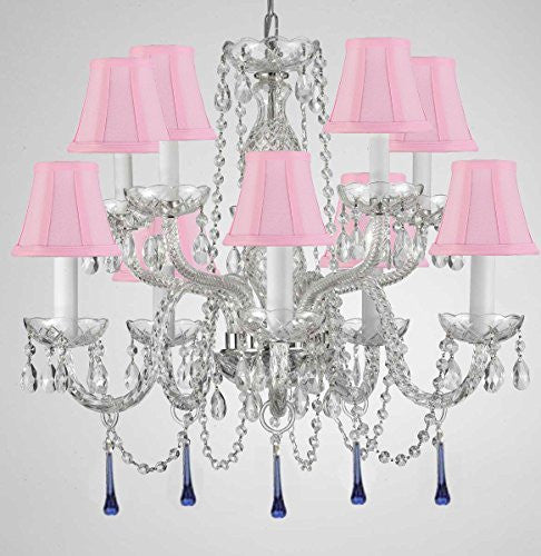 Murano Venetian Style All Crystal Chandelier Lighting W/ Blue Crystals H 25" X W 24" With Pink Shade - G46-Sc/Pinkshade/B33/1122/5+5
