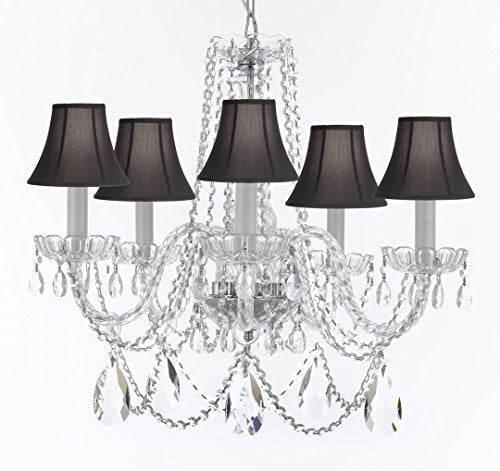 Swarovski Crystal Trimmed Murano Venetian Style Chandelier Crystal Lights Fixture Pendant Ceiling Lamp for Dining Room, Entryway , Living Room w/Large, Luxe Crystals! H25" X W24" w/ Black Shades - A46-BLACKSHADES/B93/B89/384/5SW