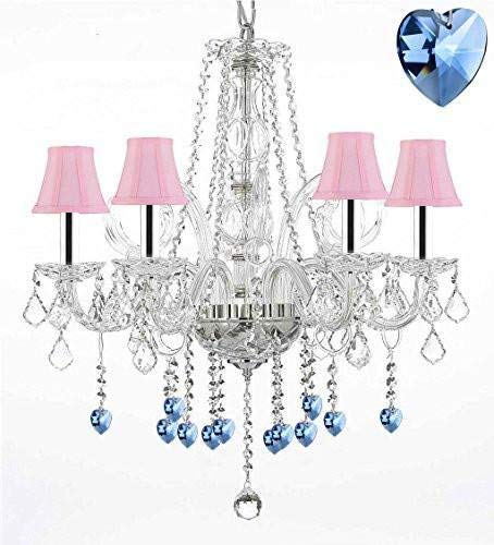 Crystal Chandelier Chandeliers Lighting with Blue Crystal Hearts and Pink Shades w/Chrome Sleeves H25" x W24" - G46-B43/PINKSHADES/B85/385/5