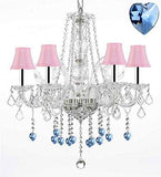 Crystal Chandelier Chandeliers Lighting with Blue Crystal Hearts and Pink Shades w/Chrome Sleeves H25" x W24" - G46-B43/PINKSHADES/B85/385/5