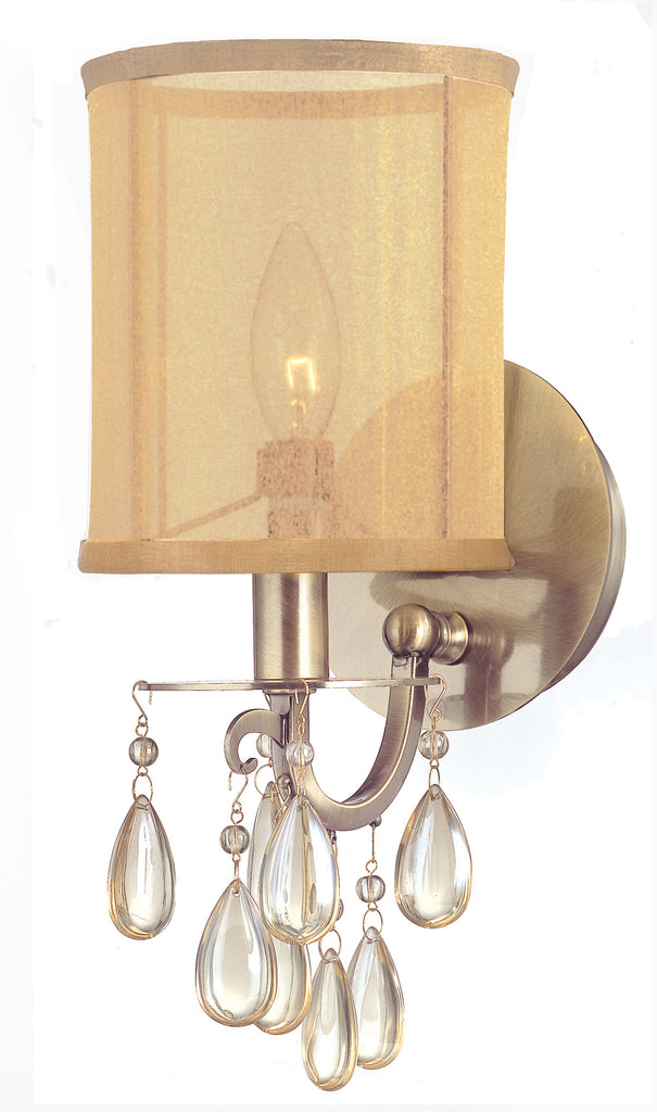 1 Light Antique Brass Transitional Sconce Draped In Etruscan Smooth Teardrop Almond Crystal - C193-5621-AB