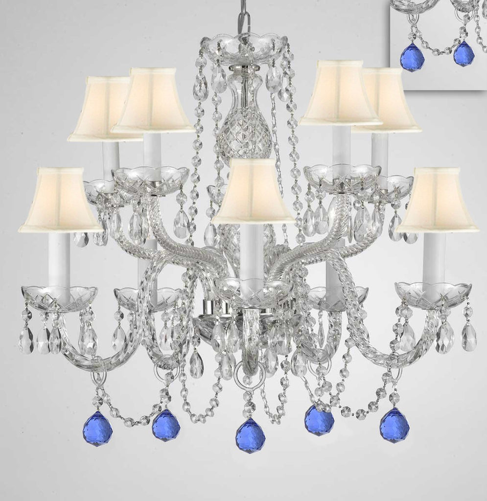 Chandelier Lighting Crystal Chandeliers H25" X W24" 10 Lights - Dressed w/ Blue Crystal Balls! Great for Dining Room, Foyer, Entry Way, Living Room, Bedroom, Kitchen! w/White Shades - G46-B99/WHITESHADES/CS/1122/5+5