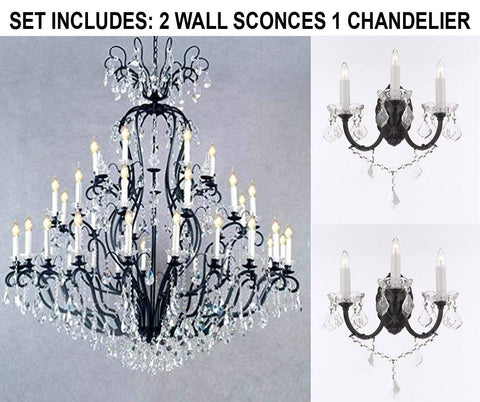 Set of 3-2 Wrought Iron Wall Sconce Crystal Lighting W 11.5" H 14" D 17" and 1 Wrought Iron Crystal Chandelier Lighting H72 x W60 - Perfect for an Entryway Or Foyer! - 2EA G83-3/556 + 1EA A83-556/41