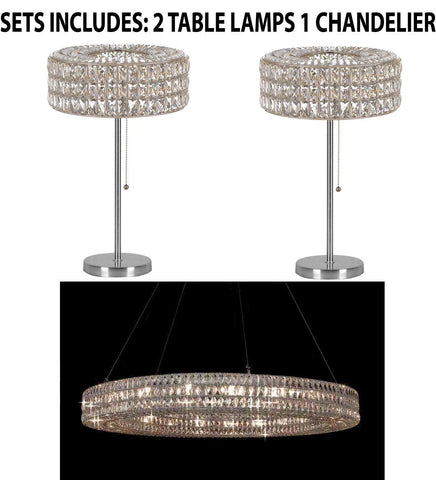 Set of 3 - 2Crystal Nimbus Ring Modern/Contemporary Table Lamp Lighting H 28" W15" & 1 Crystal Nimbus Ring Chandelier Modern/Contemporary Lighting Pendant 59" Wide-Good for Dining Room! H6.5"XW59" - 2 EA TL/3063/3 + 1 EA 3063/21