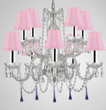 Murano Venetian Style All Crystal Chandelier Lighting W/Blue Crystals w/Chrome Sleeves H 25" x W 24" with Pink Shade - G46-B43/SC/PINKSHADE/B33/1122/5+5