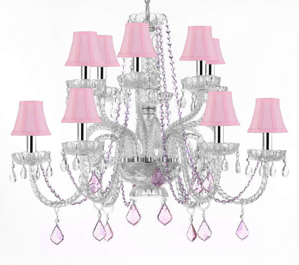 Empress Crystal (tm) Chandelier Chandeliers Lighting with Pink Color Crystal and Pink Shades w/Chrome Sleeves! - F46-B43/B2/385/6+6-Pink shades/pink crys