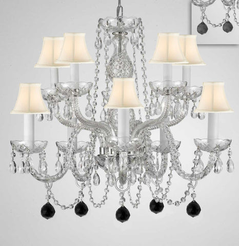 Chandelier Lighting Crystal Chandeliers H25" X W24" 10 Lights - Dressed w/ Jet Black Crystal Balls! Great for Dining Room, Foyer, Entry Way, Living Room, Bedroom, Kitchen! w/White Shades - G46-B95/WHITESHADES/CS/1122/5+5