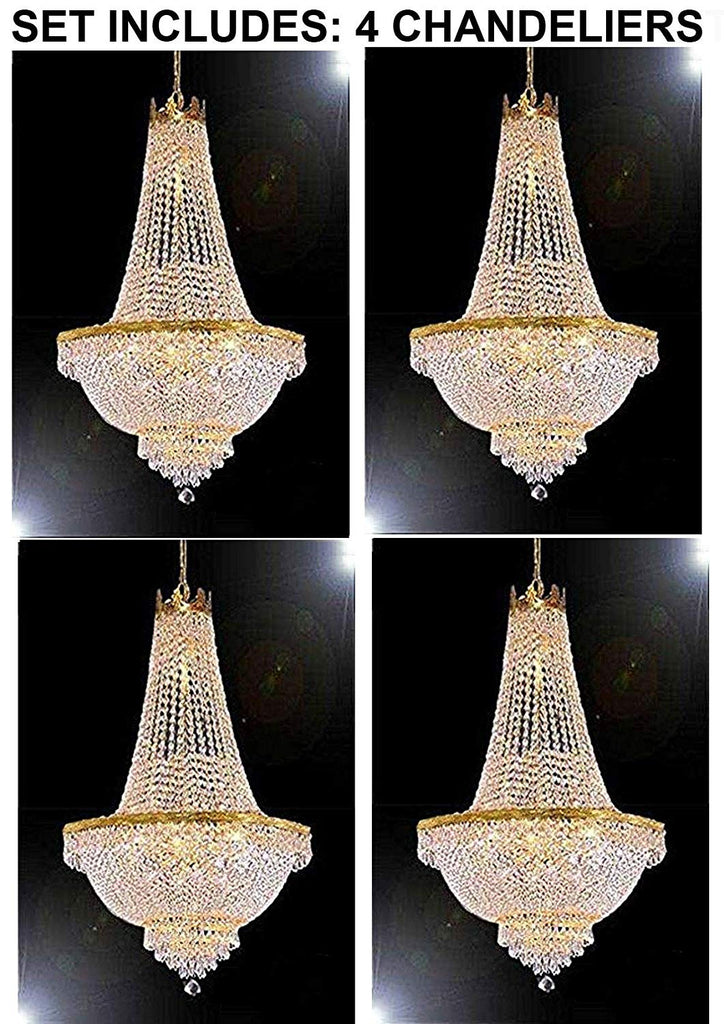 Set of 4 - French Empire Crystal Gold Chandelier Lighting - Great for The Dining Room, Foyer, Entry Way, Living Room - H50" X W24" - 4EA F93-C7/CG/870/9