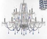 AUTHENTIC ALL CRYSTAL CHANDELIER CHANDELIERS LIGHTING WITH SAPPHIRE BLUE CRYSTALS! PERFECT FOR LIVING ROOM, DINING ROOM, KITCHEN W/CHROME SLEEVES! H32" W27" - A46-B43/B82/387/6+6
