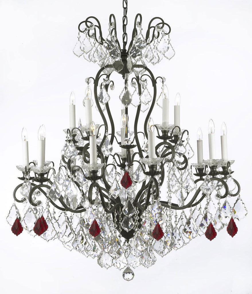 Wrought Iron Crystal Chandelier Lighting Dressed with Ruby Red Crystals W38" H44" - Great for the Dining Room, Foyer, Entry Way, Living Room - F83-B98/556/16