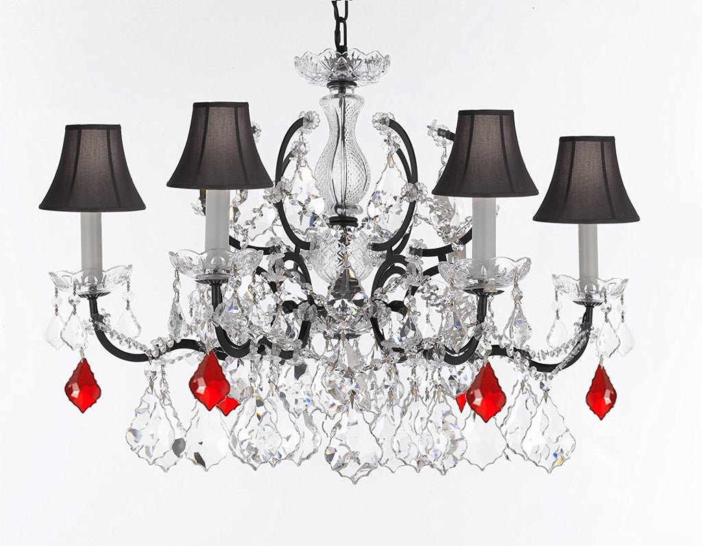 19th C. Baroque Iron & Crystal Chandelier Lighting Dressed w/Empress Crystal (tm) - Dressed with Ruby Red Crystals Great for Kitchens, Closets, & Dining Rooms H 25" x W 26" w'Black Shades - G83-B98/BLACKSHADES/994/6
