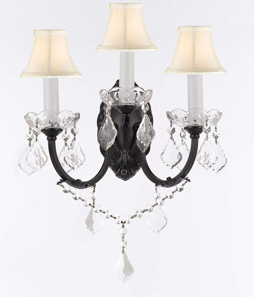 Wrought Iron Wall Sconce Crystal Wall Sconces Lighting W 11.5" H 14" D 17" w/White Shades - G83-WHITESHADES/3/556