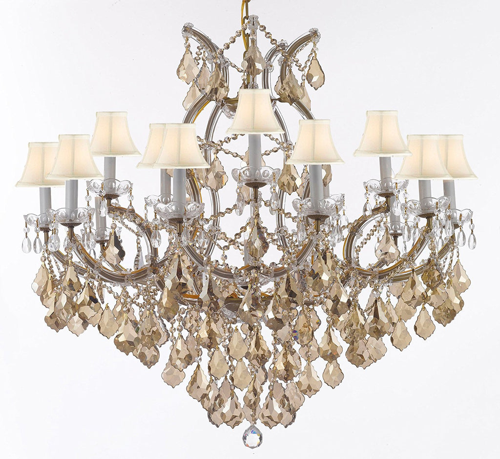 Maria Theresa Chandelier Crystal Lighting H38" X W37" W/ Golden Teak Crystal Good For Dining Room Entryway Living Room W/ White Shades - A83-B2Goldenteak/Gold21510/15+1Whiteshad
