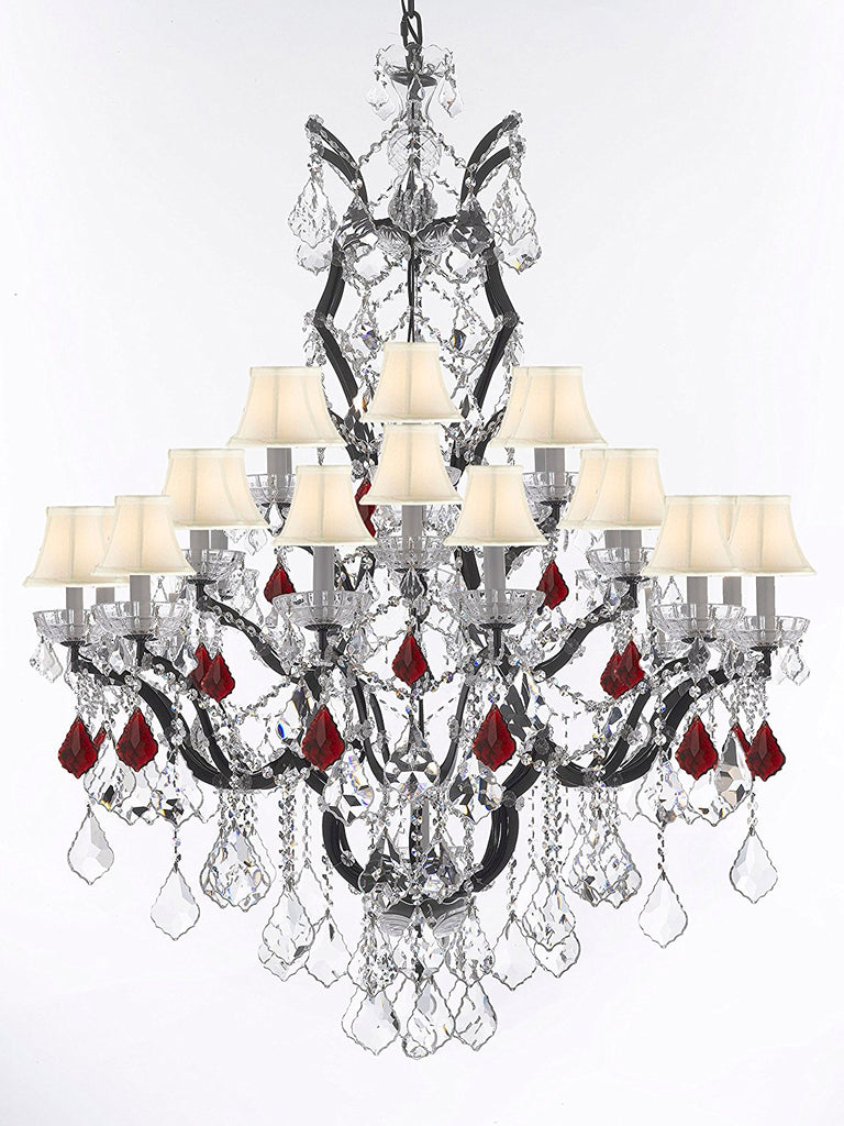 19th C. Baroque Iron & Crystal Chandelier Lighting Dressed with Ruby Red Crystals H 52" x W 41" - Great for the Dining Room, Foyer, Entry Way, Living Room w/White Shades - G83-B98/WHITESHADES/996/25