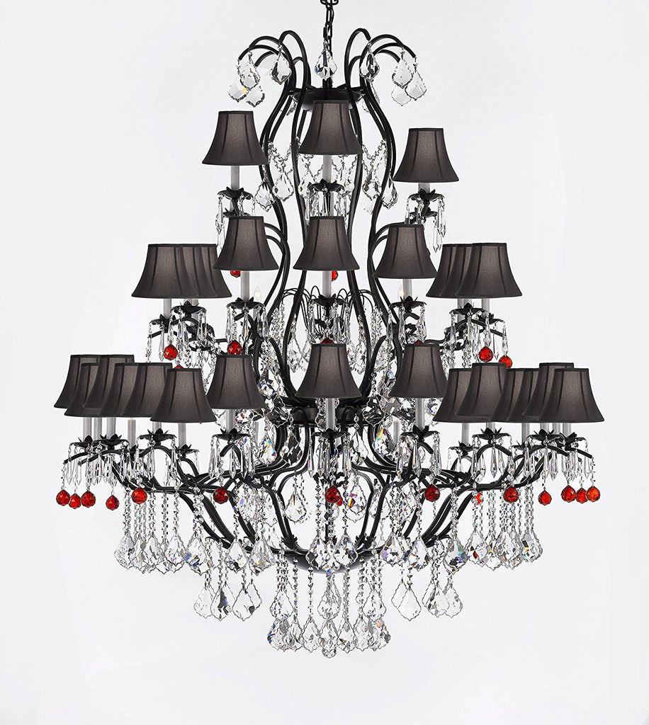 Large Wrought Iron Chandelier Chandeliers Lighting With Ruby Red Crystal Balls H60" x W52" - Great for the Entryway, Foyer, Family Room, Living Room w/ Black Shades - A83-B96/BLACKSHADES/3031/36