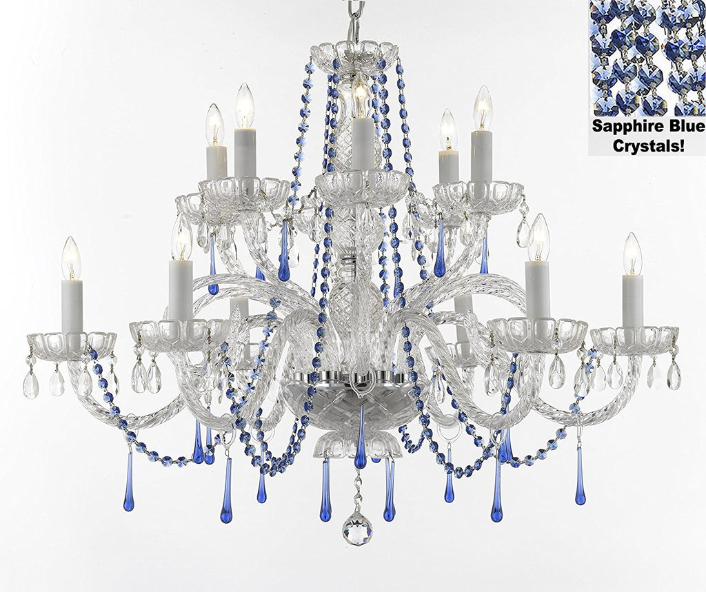 AUTHENTIC ALL CRYSTAL CHANDELIER CHANDELIERS LIGHTING WITH SAPPHIRE BLUE CRYSTALS PERFECT FOR LIVING ROOM, DINING ROOM, KITCHEN H32" W27" - A46-B82/387/6+6