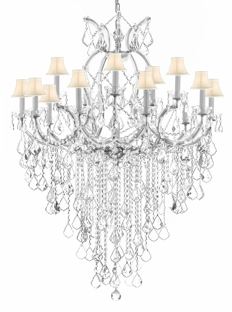 Maria Theresa Chandelier Empress Crystal (tm) Lighting Chandeliers H50" X W37" With White Shades! GREAT FOR LARGE FOYER / ENTRYWAY! - A83-B12/SILVER/SC/Whiteshades/21510/15+1